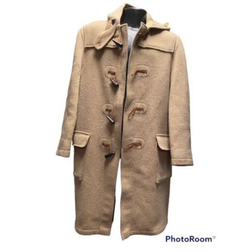 VTG Gloverall Wool Duffle Coat Tartan Lined Jacket Camel Size 42L Horn Toggle